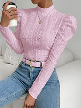 Felegant Mock Neck Gigot Sleeve Eyelet Embroidery Tee